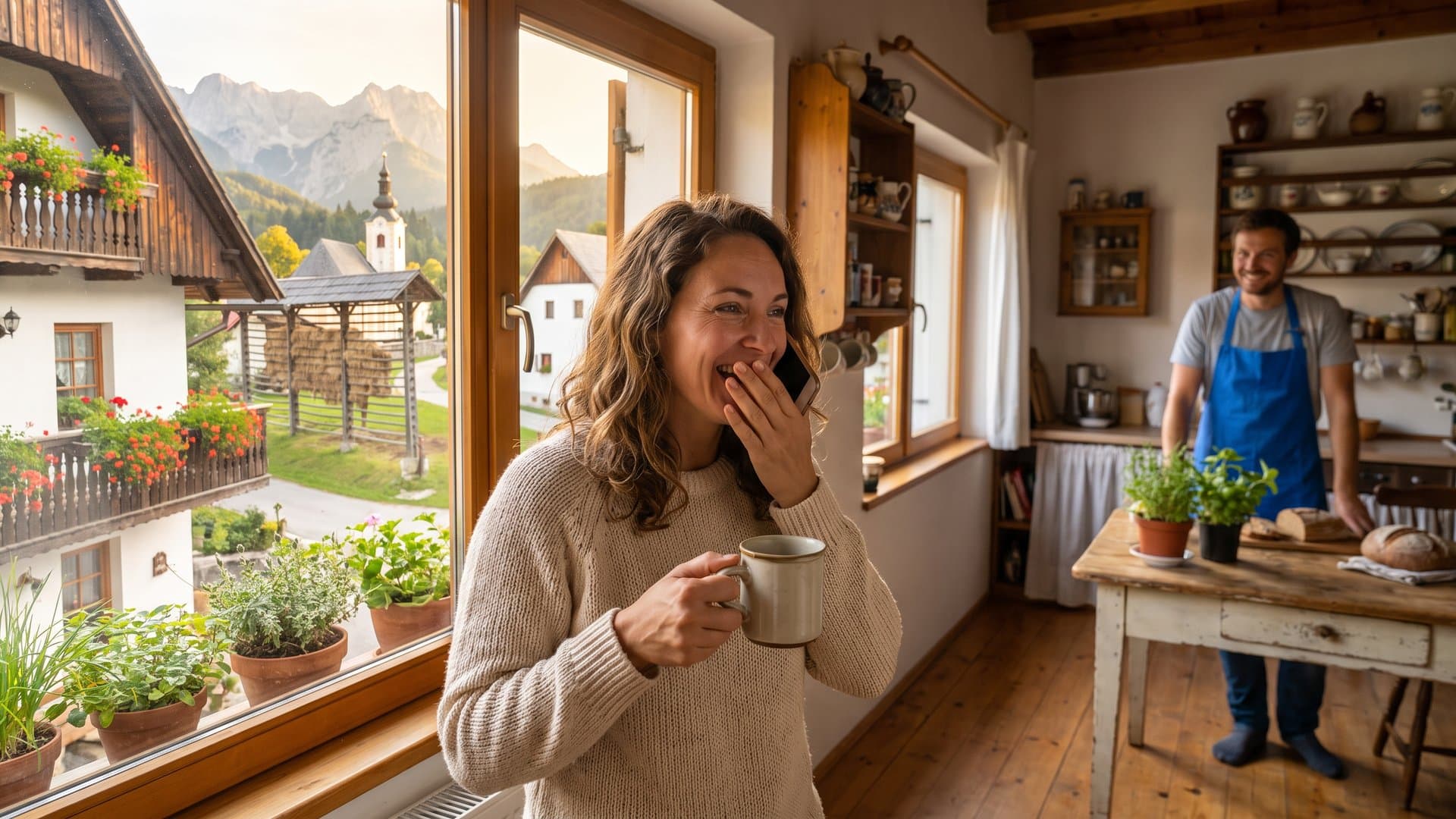 Ženska v kuhinji, navdušena nad tem, kar sliši po telefonu