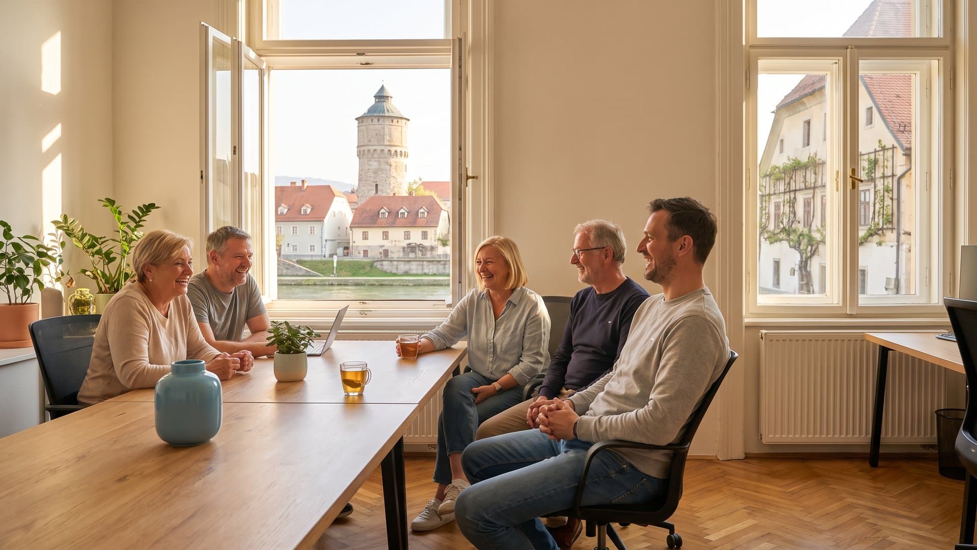 Majhna prijazna ekipa se skupaj smeji ob mizi v svetli pisarni