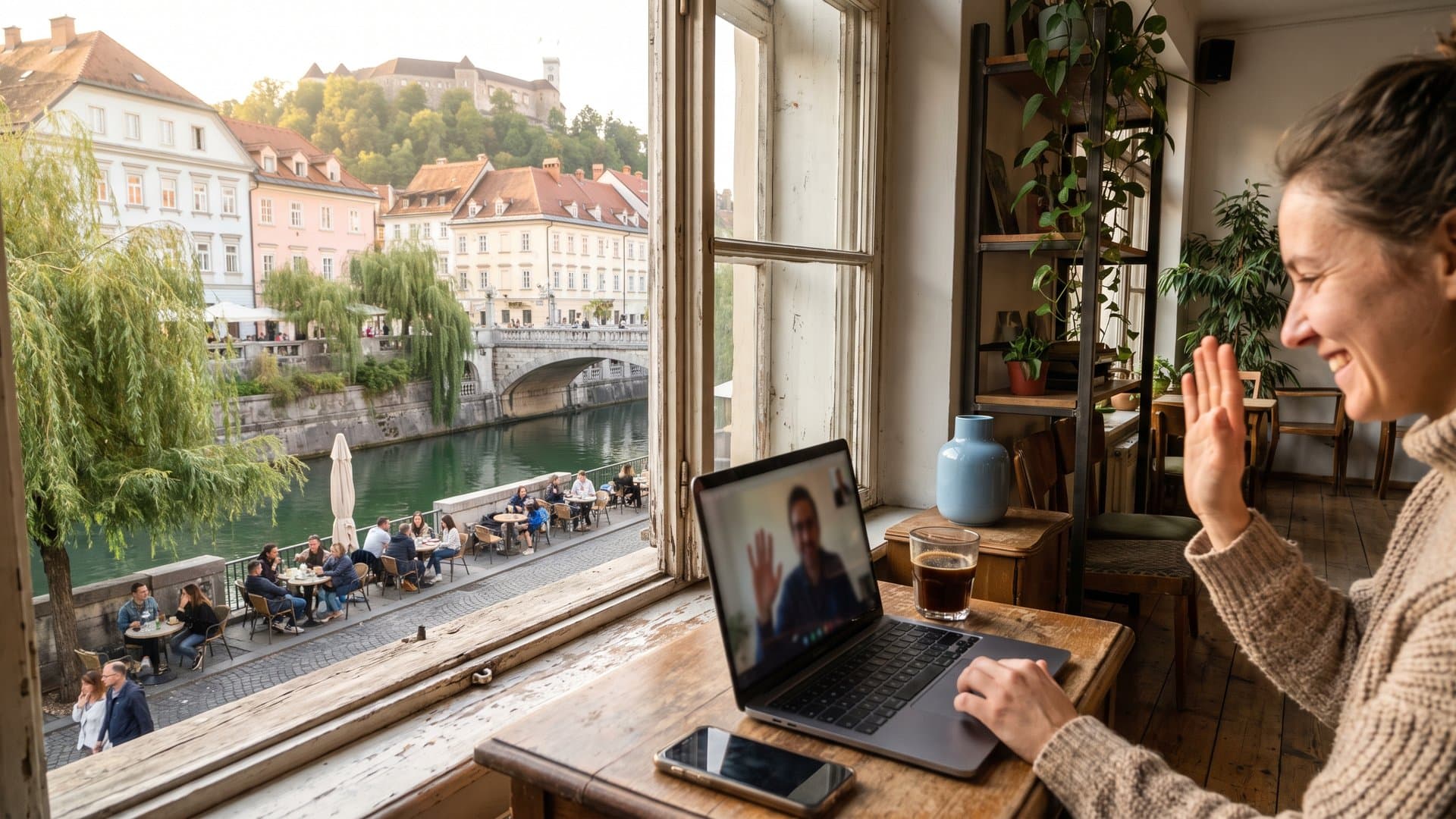 Miza ob oknu s prenosnikom, telefonom in skodelico kave