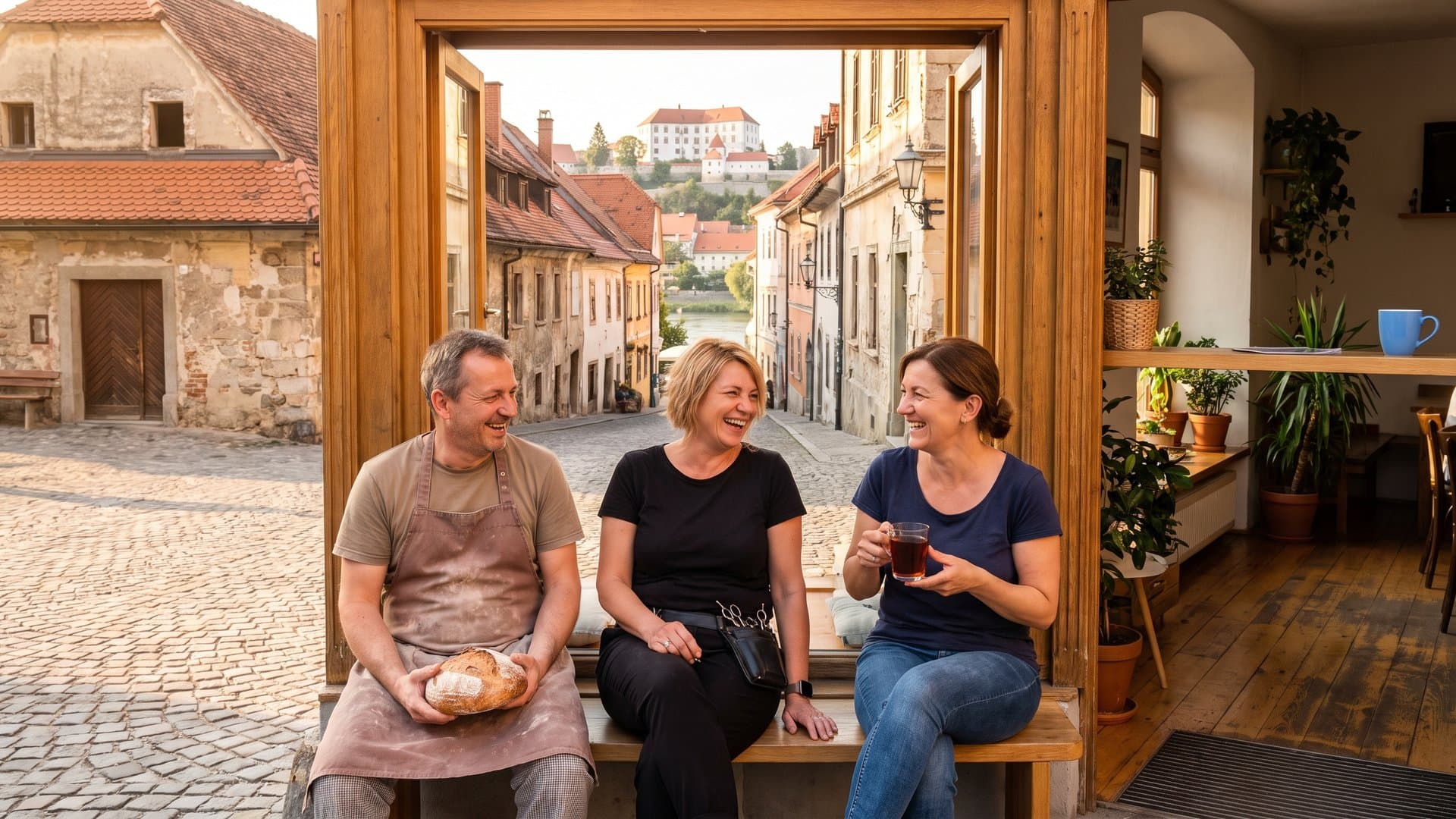 Pek, frizerka in lastnik kavarne klepetajo na tlakovanem trgu pred svojimi lokali