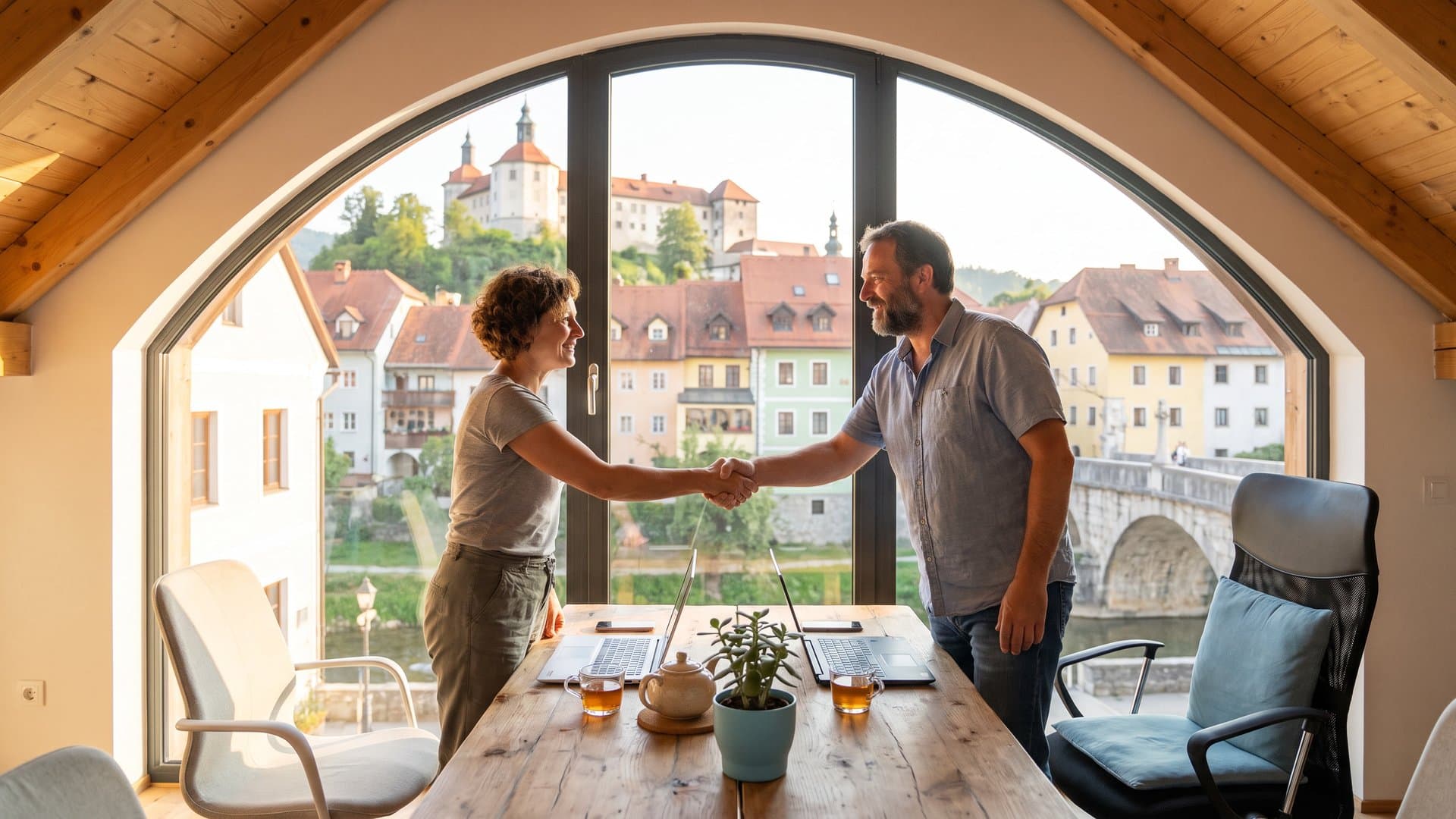 Lastnika malih podjetij si prisrčno sežeta v roke v coworkingu