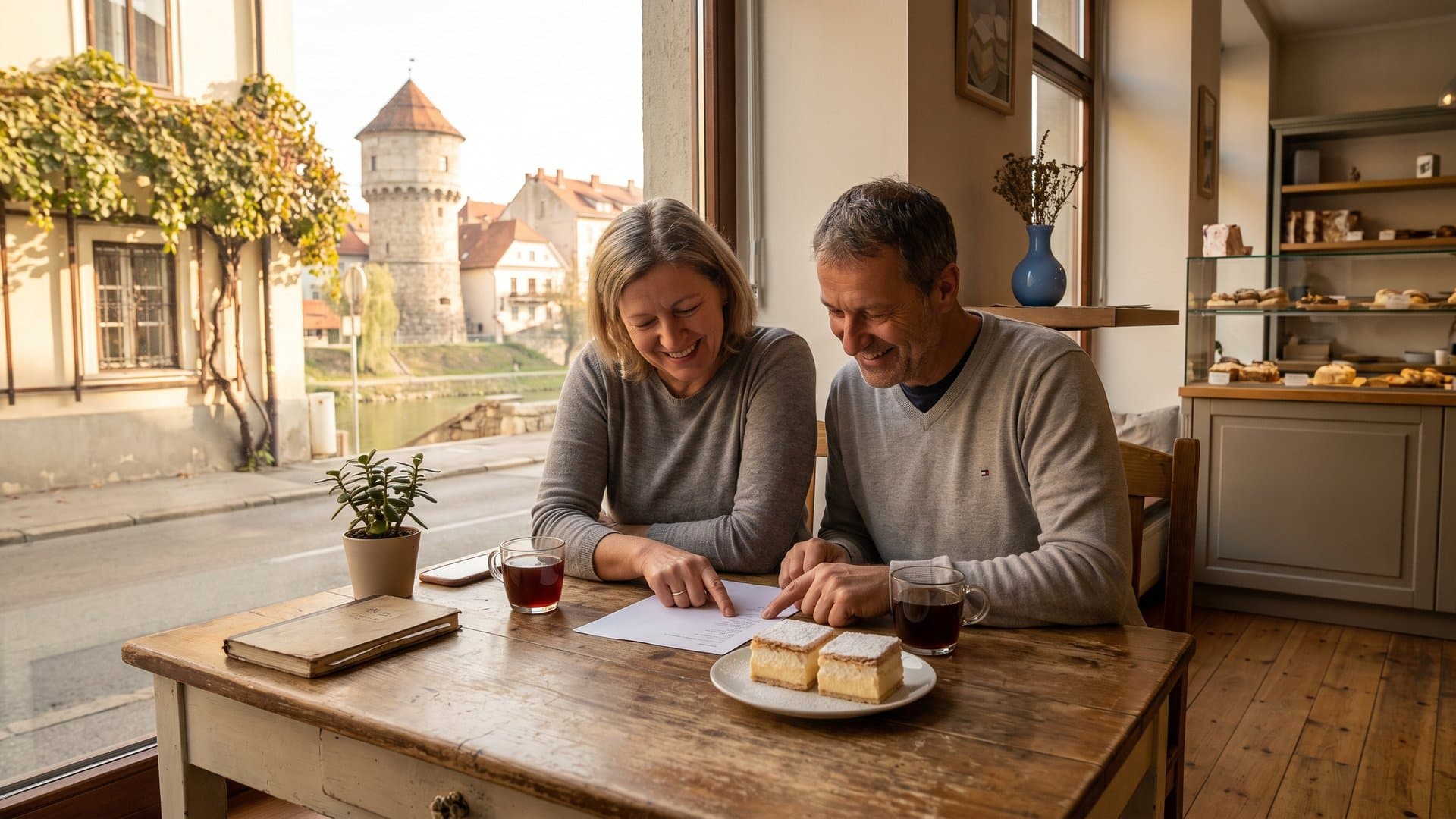 Zakonca, ki vodita majhno slaščičarno, ob kavi pregledujeta preprost načrt